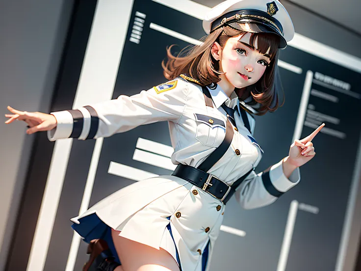 one-girl, Show a charming smile, White campus uniform, One hand crosses the waist, One finger to the left, Dressed in uniform, Stand on your left foot, your right foot, Brown hair, Cubist futurism, move chart, Best quality