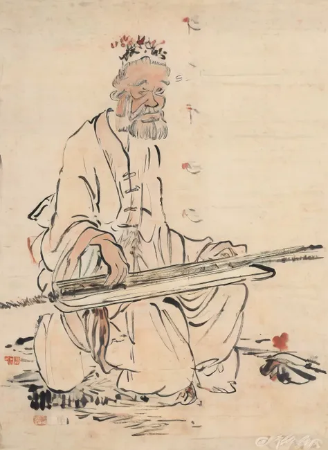 "tmasterpiece，best qualtiy：1.2，tradition chinese ink painting，fuqin（zither），mtu（a old man），kneeling"