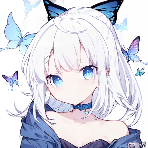 one-girl，white hair，small high ponytail，blue color eyes，face expressionless，collar，punk jacket，bandeau dress，（blue butterfly hai...