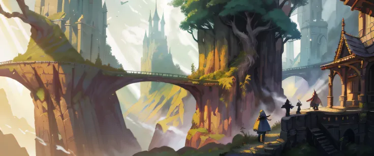 offcial art，The background is an autumn forest，Giant Tree Forest，Set against a backdrop of towering trees，Ancient buildings，fantasy rpg book illustration，medieval fantasy game art，andreas rocha style，Digital painting in dreamy colors, large scene，depth of ...