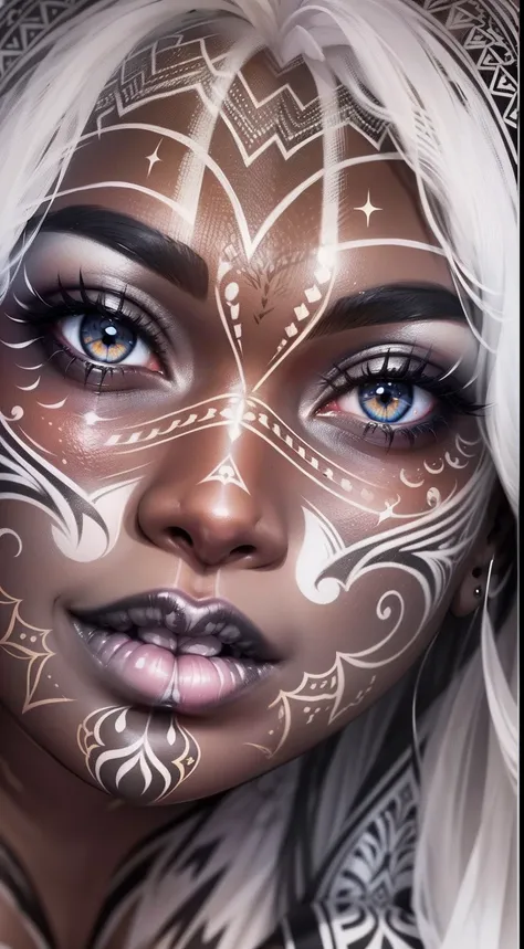 colouring book page, black and white, 32k, full body view, very beautiful tribal brown skin girl with excessive intricately detailed vivdly black and white facepaint bodypaint makeup, stunning radiant eyes, gorgeous white hair with highlights, magical nigh...