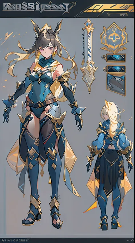 Design a layout showcase Gaming character, ((1girl)), assasin:1.4, Golden+Purple clothes, Black_Desert_style, stylish and unique, ((showcase weapon:1.4)), magic staff, (masterpiece:1.2), (best quality), 4k, ultra-detailed, (Step by step design, layout art:...