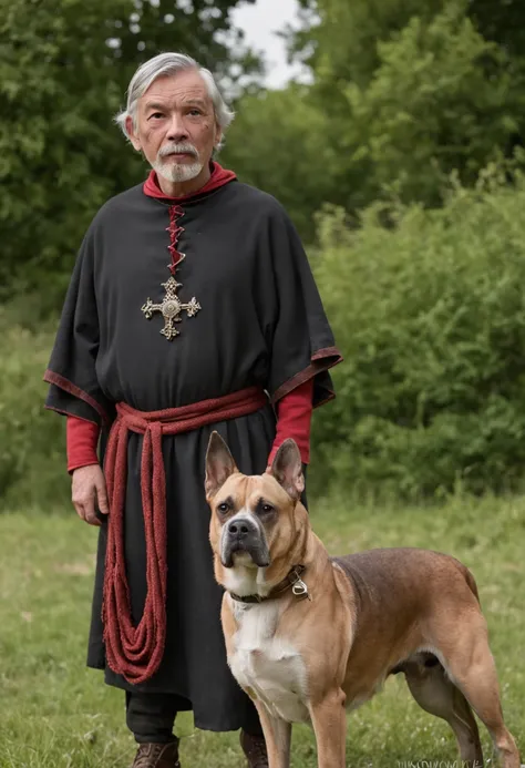 Portrait photos, Mugshot of priest and 50-year-old Pokemon trainer mixed, wrinkle, Disgusting eyes, Short hair with salt and pepper, goatee, Serious expression, Medieval fantasy shepherd dog costume, On the fields of the Middle Ages, The Nikon D850 and Nik...