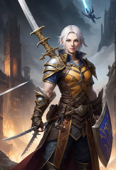 a close up of a person holding a sword and a shield, rpg character avatar, amazing mmorpg, 3 rd person action adventure rpg, fantasy mmo, korean mmorpg, key art, korean mmo, mmorpg fantasy, from guild wars, devianart and cgsociety, from ncsoft, promo art, ...