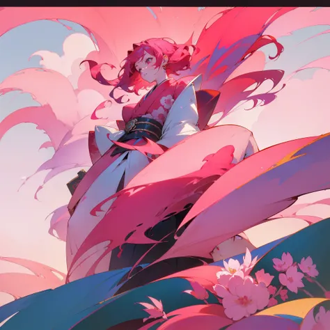 (Beautifully Aesthetic:1.2)、(1girl in:1.3)、(Red and pink colorful hair:1.2)、Wearing a colorful red kimono、Peonies、peony flower、The style of a champion、Rich、Shyness、sacredness、Top image quality、Landscape painting、reddish