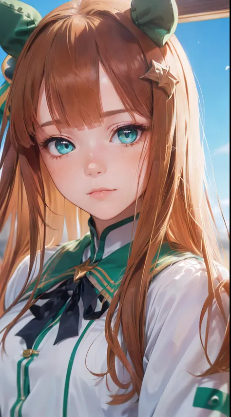 (Masterpiece), (Best Quality), (hight resolution), (1girl), Quiet Suzuka, (Uma Musume), brown hair, Cyan eyes, quiff,(Beautiful and smooth skin), (((Only the head in the frame))), (((a perfect face))), (((a lot of details))), (((random view))), (((A unique...