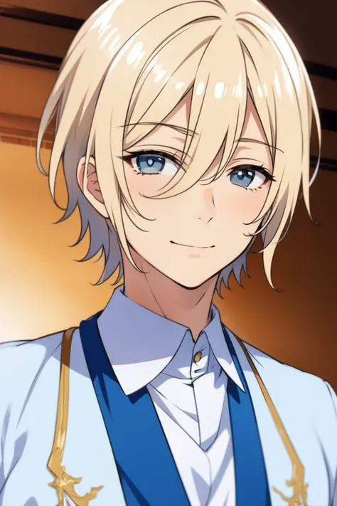 eichi tenshouin, blonde hair, light blue eyes, smiling and blushing softly, solo male, portrait, pretty male, angelic