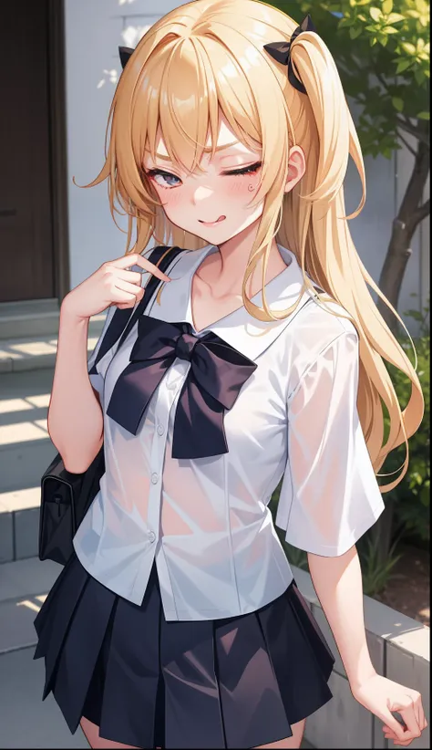 1girl in、AS-Adult、glad、But、angry、one eye closed、put out the tongue、（Tsundere）、The shirt、skirt by the、（small tits）Chilarism、Japan High School Student Uniform、serafuku、summer clothing、（Sheer Bra）、Upper body portrait、