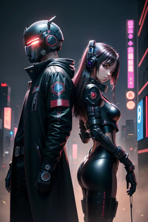 tmasterpiece，Best quality at best，cyber punk perssonage，1人，high detal，1人，The background is the city at night，stand posture，droid，Cyberpunk art of a，Mechanical style