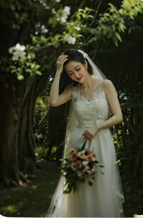 bride in white dress holding bouquet of flowers and trees in the forest, blurry dream outdoors, soft and blurry, a still of an e...