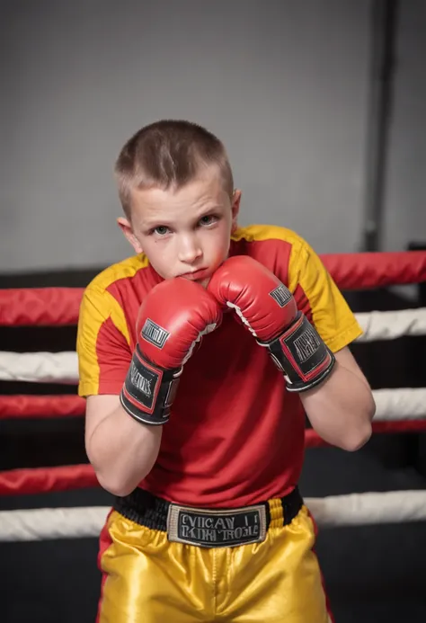 Alafed boy in a yellow shirt and red boxing gloves, in a fighting stance, Boxing pose, in a fighting pose, wearing vibrant boxing gloves, boxing, posing ready for a fight, in a boxing ring, boxer, Kickboxing, kid, Fighting stance, punching, fighter pose, c...