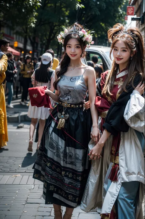 2 girls，smiling and looking into the camera，Wearing traditional Yi costumes，Silver tiara，opulent，8K，tmasterpiece，fullnude