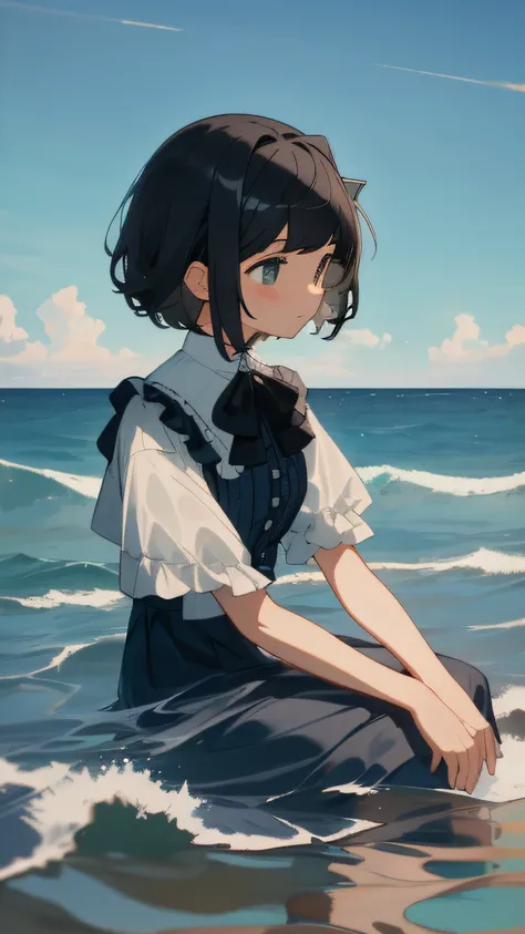 masterpiece, best quality, 1girl, upper body, sitting, swept bangs, short hair,  , black hair, dress, frills, outdoors, horizon, sky, ocean, water, water world, waves, ripples,  ,