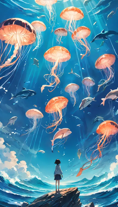 Pintura de um golfinho nadando no oceano colorido, Look up at the composition, Jellyfish and Whales of the Sky, inspirado em Cyril Rolando, a beautiful artwork illustration, autor：Shitao, arte conceitual colorida, Makoto Shinkai Cirilo Rolando, ao estilo d...