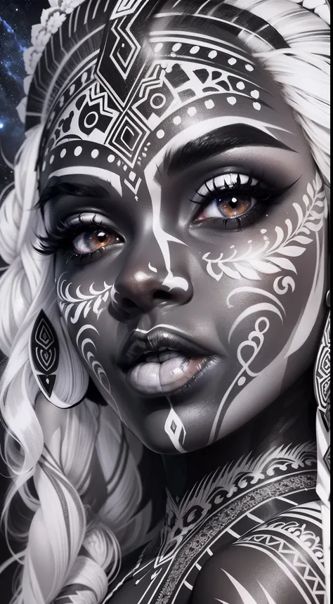 colouring book page, black and white, 32k, full body view, very beautiful tribal brown skin girl with excessive intricately detailed vivdly black and white facepaint bodypaint makeup, stunning radiant eyes, gorgeous white hair with highlights, magical nigh...