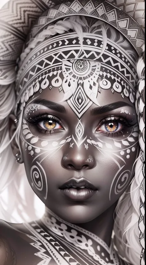 colouring book page, black and white, 32k, full body view, very beautiful tribal brown skin girl with excessive intricately detailed vivdly black and white facepaint bodypaint makeup, stunning radiant eyes, gorgeous white hair with highlights, magical nigh...