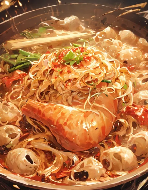 Delicious and tempting spicy noodles，Fresh vegetables are plentiful，The poached egg aroma is overflowing，Brown conch is delicious and delicious，Pepper has a strong flavor，The yellow bamboo shoots are crispy and delicious，The fungus has a delicate taste，Tof...