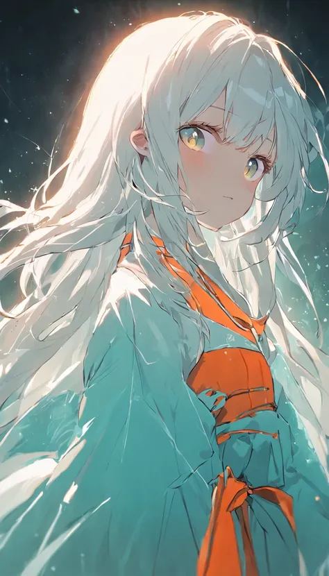 Girl with white hair in a cyan dress，Background orange element