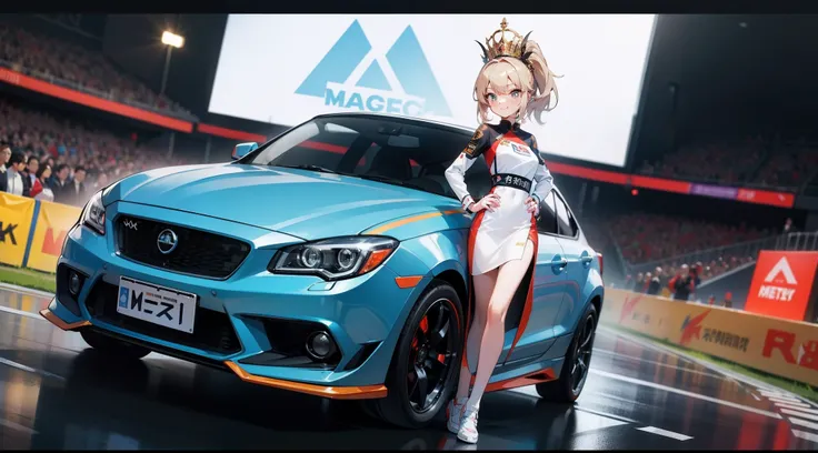 Masterpiece, Super detail, Best quality, Racing and young women,The car should have the word MOTEK on it，Very eye-catching， Solo, Tournament Queen costume, The costume has the words MOTEK in English and the words of Chinese magic iron，Smile, hand on hips, ...