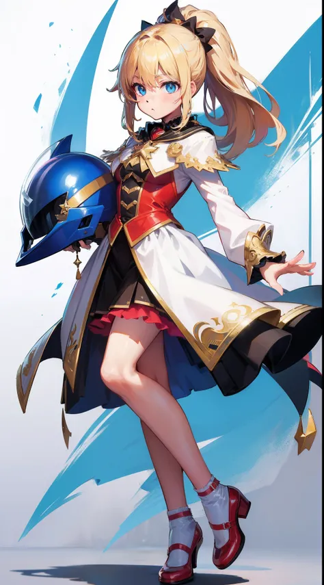 Blonde single ponytail，eBlue eyes，white helmet，There is a blue star on the helmet，Red shoes，Blue and white color matching clothes，best qualtiy，4k画质，Highest image quality