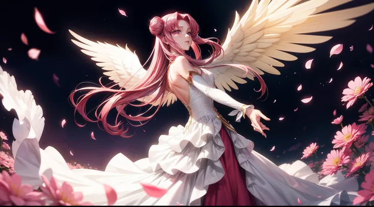 "Euphemia, Code Geass, dancing in a flower-filled meadow during the day, with angel wings on her back, dynamic scene, pink and white long dress, dark pink hair with side buns, purple eyes, floating petals around"