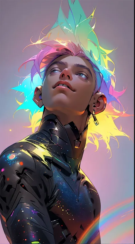 8k quality, ultra detailed, galaxy background effects, 1boy looking up, rainbow color hair