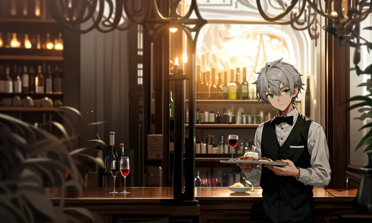 At the bar in the evening，The scene is dark，At night, The chandelier is black，The large wine cabinet was full of wine bottles，The bookcase was full of books，delicate embellishments,Red velvet sofa，delicate embellishments，Floral arrangement decoration