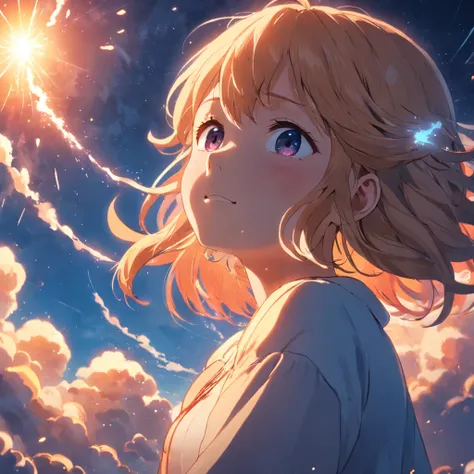 masterpiece, best quality, movie still, 1girl, cloud girl, floating in the sky, close-up, bright, happy, warm soft lighting, sunset, (sparks:0.7)