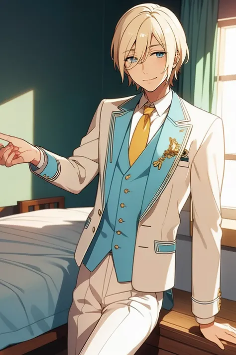 eichi tenshouin, blonde hair, light blue eyes, smiling and blushing softly, solo male, pretty male, angelic, angel like, pale skin,  indoors, soft smile,