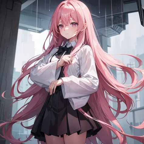 raining day，Kizi，Long pink hair soaked by heavy rain，There is no expression in the eyes，in school uniform，The sleeves are long and cover the hands that fall on the sides of the body，Look up at the sky，It was dark，No people around，Whole body diagram，Side di...