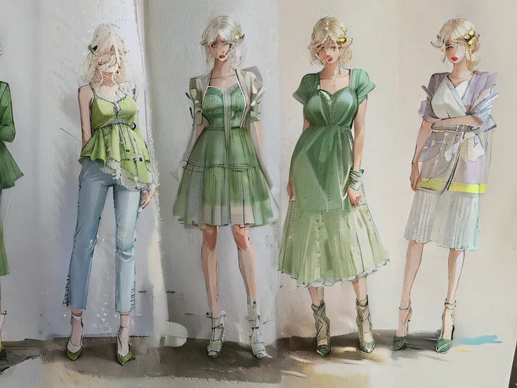 Fashion show sketch of a group of women in green dresses, fashion study, Green clothes, clothing design, fashion concept art, clothing design, detailed fashion illustration, Green clothing,