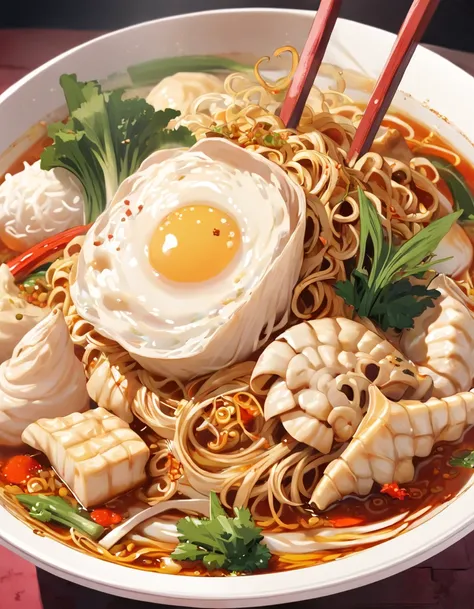 Delicious and tempting spicy noodles，Fresh vegetables are plentiful，The poached egg aroma is overflowing，The brown conch is delicious and delicious，Pepper has a strong flavor，The yellow bamboo shoots are crispy and delicious，The fungus has a delicate taste...