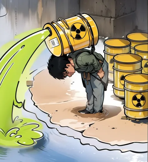 of a guy，Carrying a canister of nuclear waste，There are nuclear signs on it，The man bowed，The jar on the back pours out the green contaminated water，Manhwa Style