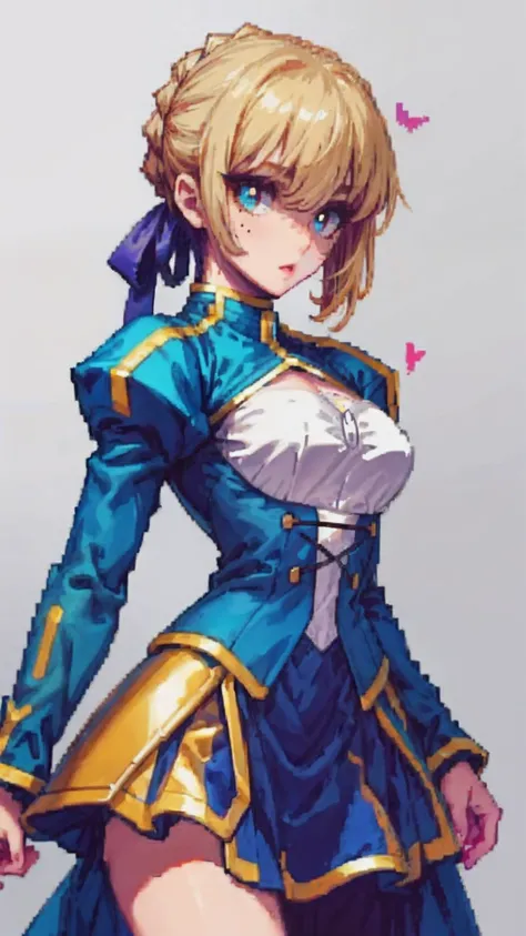 saber,Plain white background，Armor，long  skirt，High detail,Moles under eyes, Heart-shaped pupils，Love pupils，Fleshy thighs,highly rendered，detailed face with