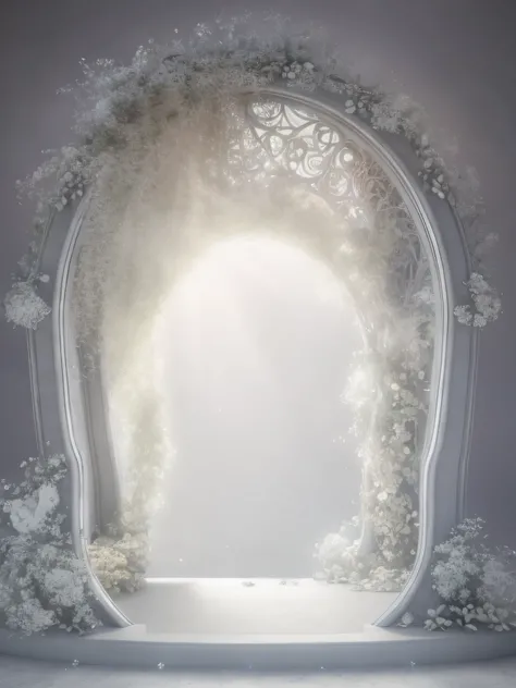 A white arch，Flowers and light pass through it, fairy tale style background, dream portal, stunning arcanum backdrop, magic doorway, beautiful render of a fairytale, open window ib background, portal to the ethereal realm, entrance to ethereal realm, ornat...