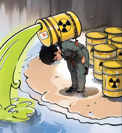 of a guy，Carrying a canister of nuclear waste，There are nuclear signs on it，The man bowed，The jar on the back pours out the green contaminated water，Manhwa Style