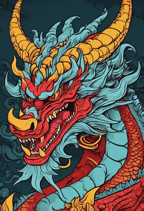 A cartoon dragon with a red ball in its mouth, psychedelic laughing demon, oni mask, Dragon face, asura from chinese myth, ancient china art style, demon samurai mask, yellow dragon head festival, detailed digital illustration, super detailed color art, Or...