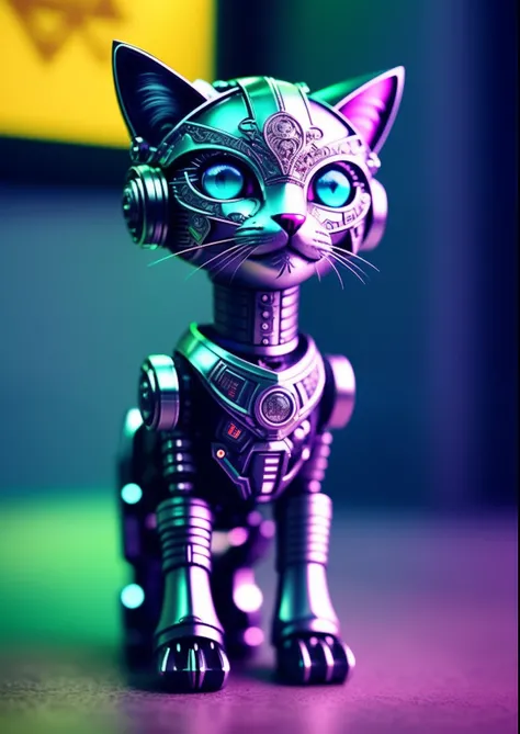 A cute kitten made of metal, robot, cyberpunk style, ((intricate details)), hdr, ((intricate details, super detailed)), cinematic footage, vignette