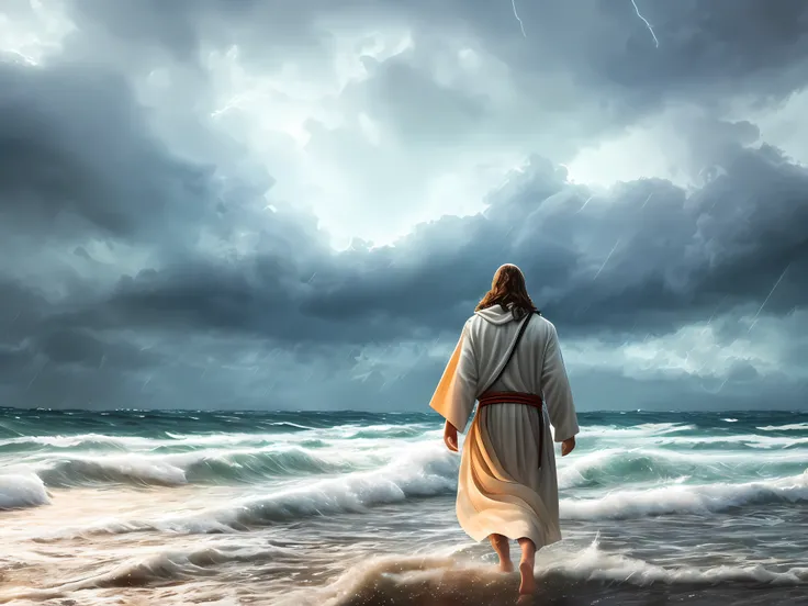 jesus walking on water in a storm, masterpiece, best quality, high quality, extremely detailed CG unit 8k wallpaper, award winning photography, Bokeh, Depth of Field, HDR, bloom, Chromatic aberration, photorealistic, extremely detailed, trending on artstat...