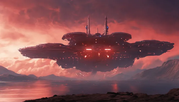 Above the blue desert of Moranti, a huge alien aircraft carrier that symbolizes power looms in the red clouds