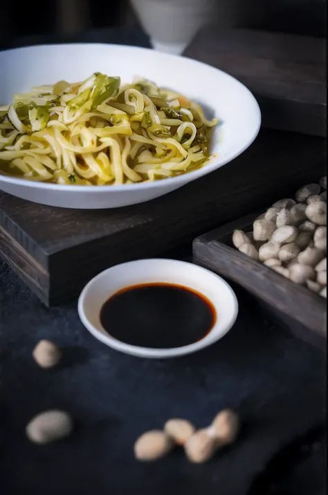 There was a bowl of noodles and a bowl of peanuts on the table, inspired by Wang Mian, Noodles, high quality food photography, ❤🔥🍄🌪, Sauce, high detail product photo, closeup at the food, taken with canon 5d mk4, close up food photography, delicacy, profes...