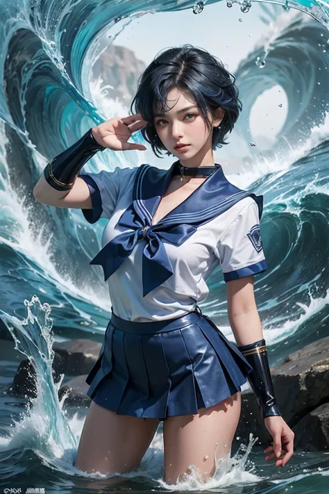 (masterpiece), (best quality), 8k resolution, 1girl, beautiful girl, stunning beauty, mature female, 30yo, sexy, sailor mercury, Ami Mizuno, blue hair, blue skirt, blue collar, sailor mercury costume, cool pose, yushui, water, wave, using dark majic, water...