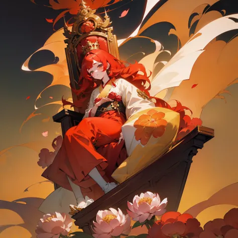 (Beautifully Aesthetic:1.2)、(1girl in:1.3)、(Red and gold colorful hair:1.2)、Red and gold kimono、Peonies、peony flower、sacredness、Top image quality、Landscape painting、God of Flowers、a throne、The king、