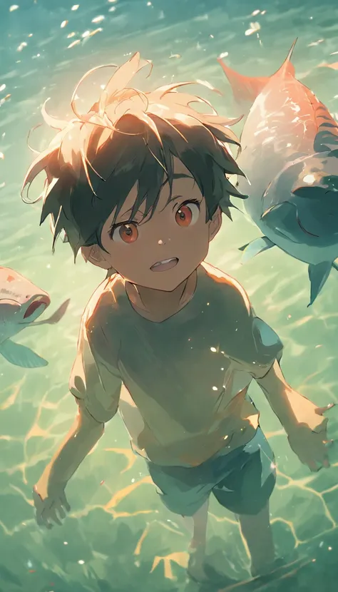 cinematic quality，Disney Animation Styles，Little boy holds carp in his arms，Swim in the sea，short detailed hair，bare-legged，depth of fields，highlight，Real Light，Ray traching，OC rendering，Ultra photo realsisim，best qualtiy，8K，Master the technology，Detailed ...