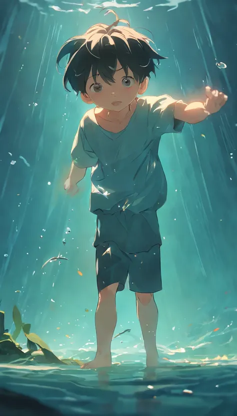 cinematic quality，Disney Animation Styles，Little boy holds carp in his arms，Swim in the sea，short detailed hair，bare-legged，depth of fields，highlight，Real Light，Ray traching，OC rendering，Ultra photo realsisim，best qualtiy，8K，Master the technology，Detailed ...