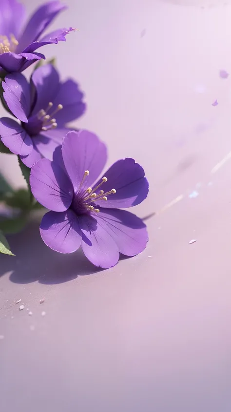 Some small purple flowers are decorated with light background edges，photorealestic，High quality sense，C4D，the detail，4K，The background is clean and tidy，真实感