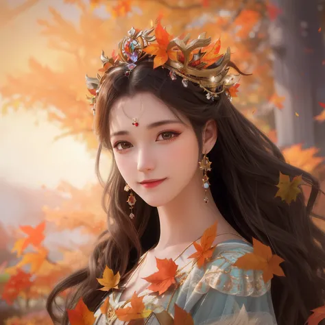 a close up of a woman with long hair wearing a crown, autumnal empress, goddess of autumn, beautiful autumn spirit, lovely dark autumn princess, the goddess of autumn harvest, a beautiful fantasy empress, beautiful fantasy art portrait, Beautiful digital a...