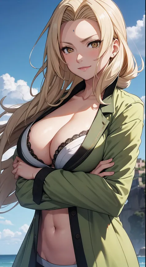 tmasterpiece，blond hairbl，Green coat，Golden eyes，ssmile，slightly fat big breasts，Be red in the face，Headwinds and sagging，best qualtiy，The is very detailed，Bust photo，Get close to the lens，Top-down view，with a good figure，sfw，Frontal photo，Top-down view