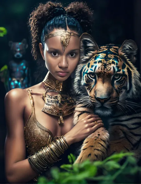 uma mulher em um vestido dourado segurando um tigre, Princesa africana deslumbrante, Rainha da Selva, - Shanina Shaik como Medusa, karol bak uhd, mulher linda, fantasy photoshoot, amazon warrior, Amano e Karol Bak, fotografia de fantasia, Princesa Africana...