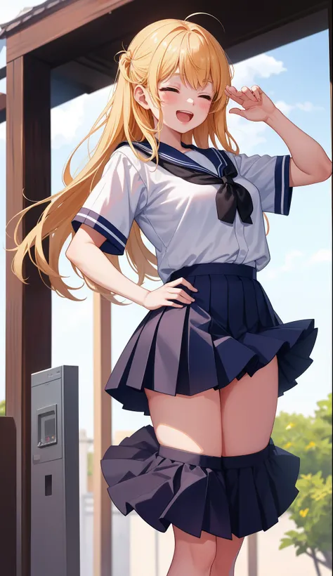 1girl in、AS-Adult、、glad、A delightful、eye closed、Laughing、The shirt、skirt by the、（small tits）Chilarism、Japan High School Student Uniform、serafuku、summer clothing、（Sheer Bra）、Upper body portrait、